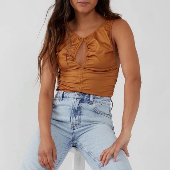 NWT Free People Ride Along Faux Leather Ruched Tank Top in Cowgirl Tan - Picture 7 of 11